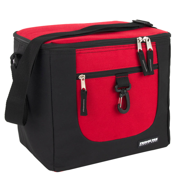 Red and black Fridge Pak 24-can insulated cooler bag with front zippered pocket and adjustable strap.