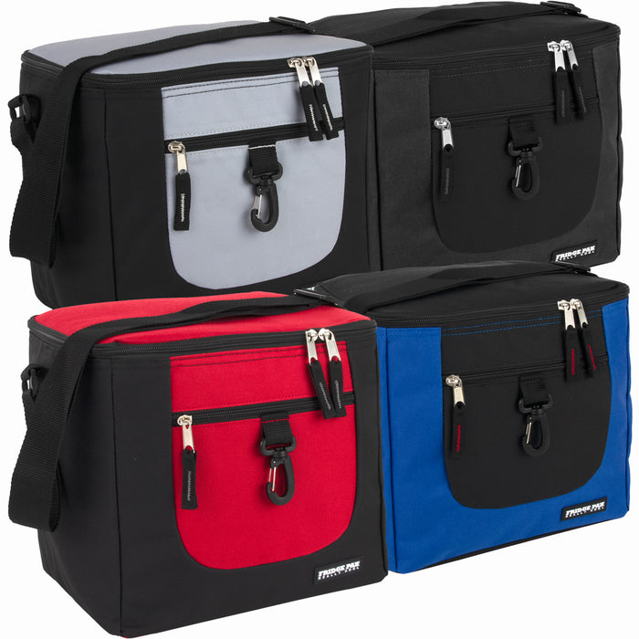 Four Fridge Pak 24-can insulated cooler bags in black, grey, red, and blue with zippered pockets and straps.