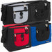 Four Fridge Pak 24-can insulated cooler bags in black, grey, red, and blue with zippered pockets and straps.
