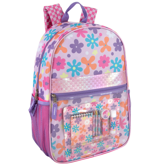 17-Inch Floral Themed Backpack with Clear Front Pocket and 8-Piece School Supply Kit
