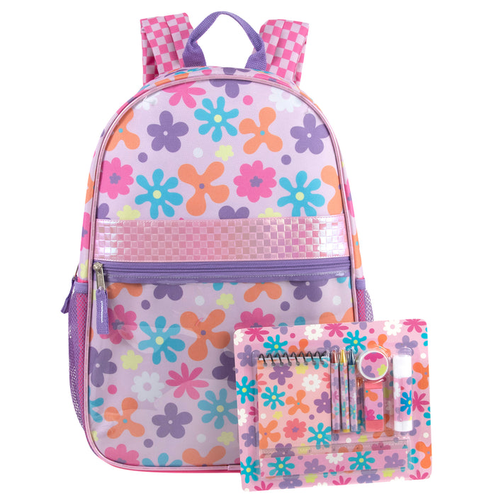 17-Inch Floral Themed Backpack with Clear Front Pocket and 8-Piece School Supply Kit