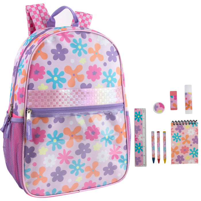 17-Inch Floral Themed Backpack with Clear Front Pocket and 8-Piece School Supply Kit