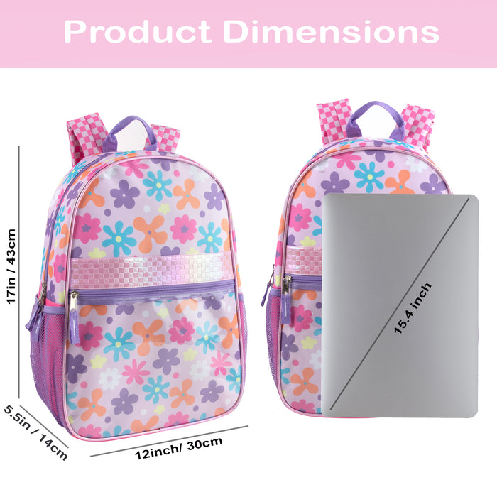 17-Inch Floral Themed Backpack with Clear Front Pocket and 8-Piece School Supply Kit