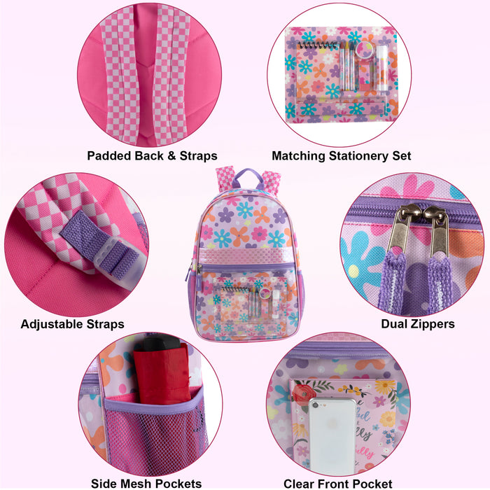 17-Inch Floral Themed Backpack with Clear Front Pocket and 8-Piece School Supply Kit