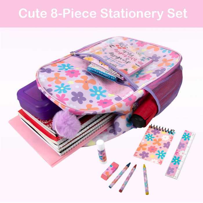 17-Inch Floral Themed Backpack with Clear Front Pocket and 8-Piece School Supply Kit