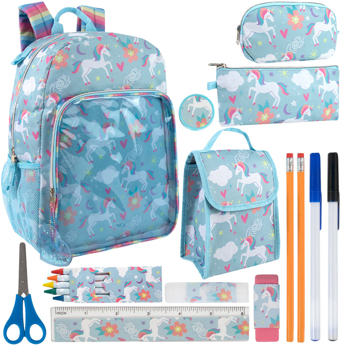 Printed Unicorn Clear Pocket Backpack with 18-Piece School Supply Kit