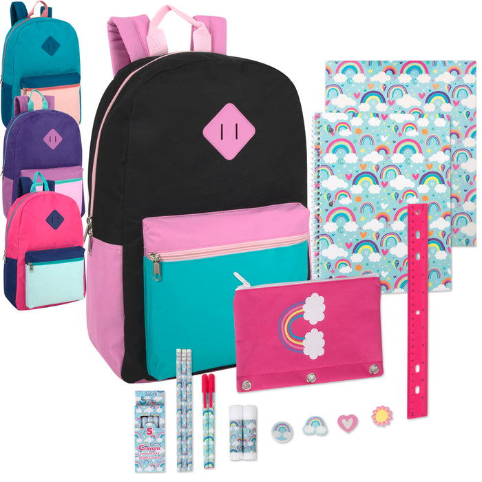 17 Inch Color Block Backpack with 20-Piece Printed School Supply Kit -Girls - BagsInBulk.com