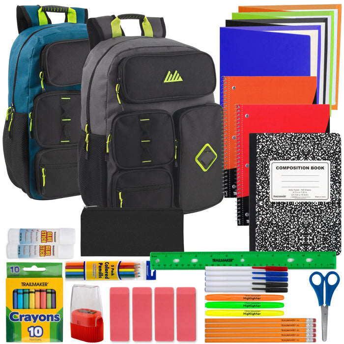 18" Multi Pocket Backpack with 45-Piece School Supply Kit - 2 Colors - BagsInBulk.com