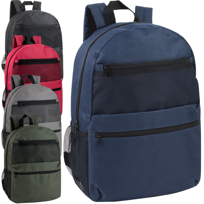 17-Inch Double Front Pocket Backpack with Side Mesh Pockets - 5 Colors - BagsInBulk.com