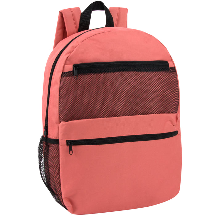 17-Inch Double Front Pocket Backpack with Side Mesh Pockets - 5 Pastel Colors - BagsInBulk.com