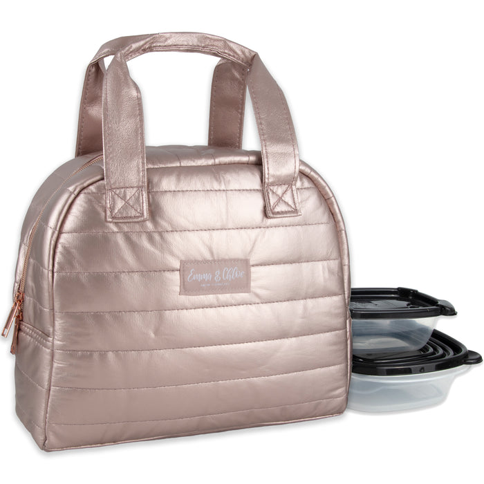 Quilted Metallic Lunch Tote With 2 Reusable Containers -Gold