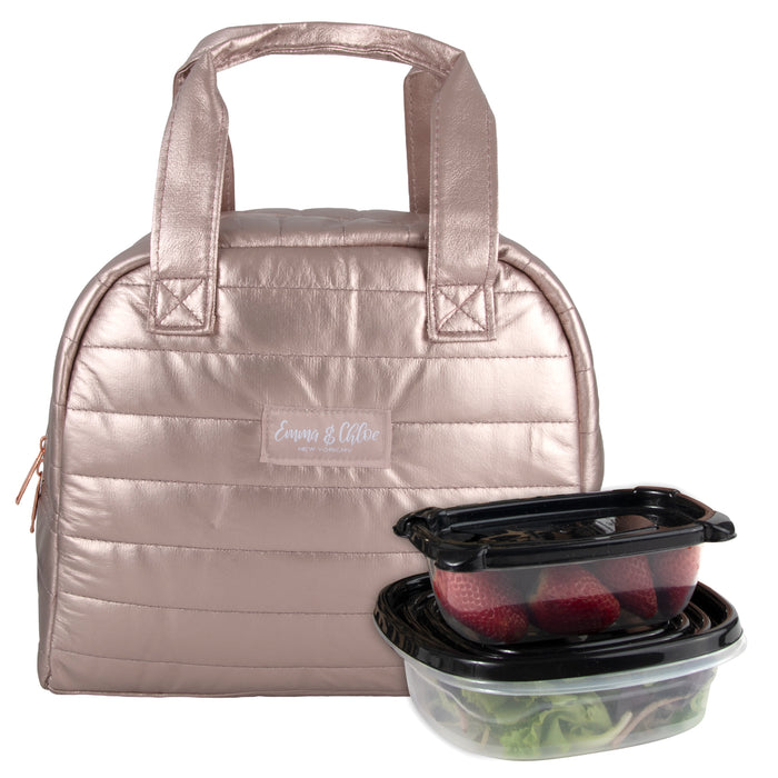 Quilted Metallic Lunch Tote With 2 Reusable Containers -Gold