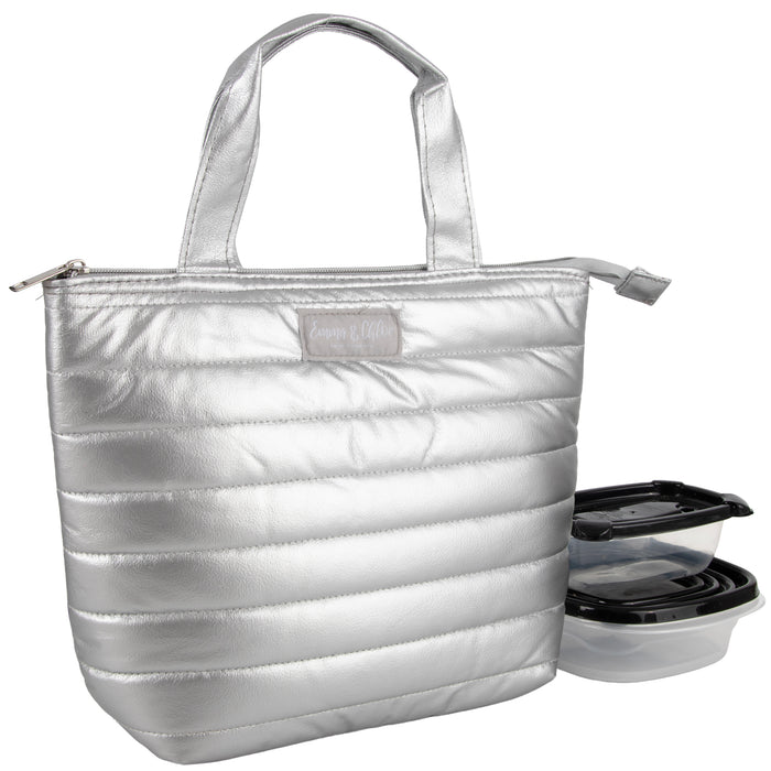 Quilted Metallic Lunch Tote With 2 Reusable Containers -Silver