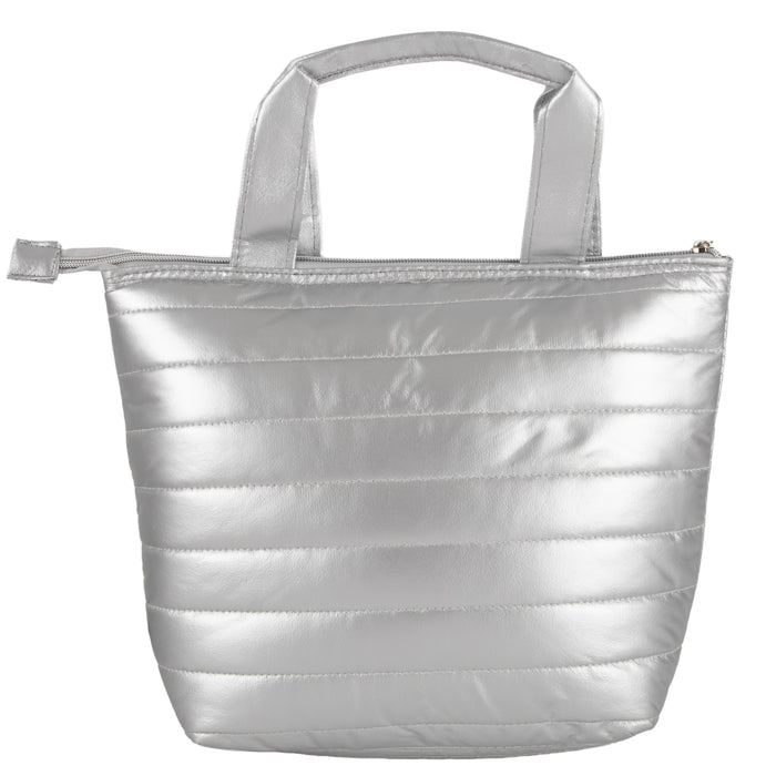 Quilted Metallic Lunch Tote With 2 Reusable Containers -Silver