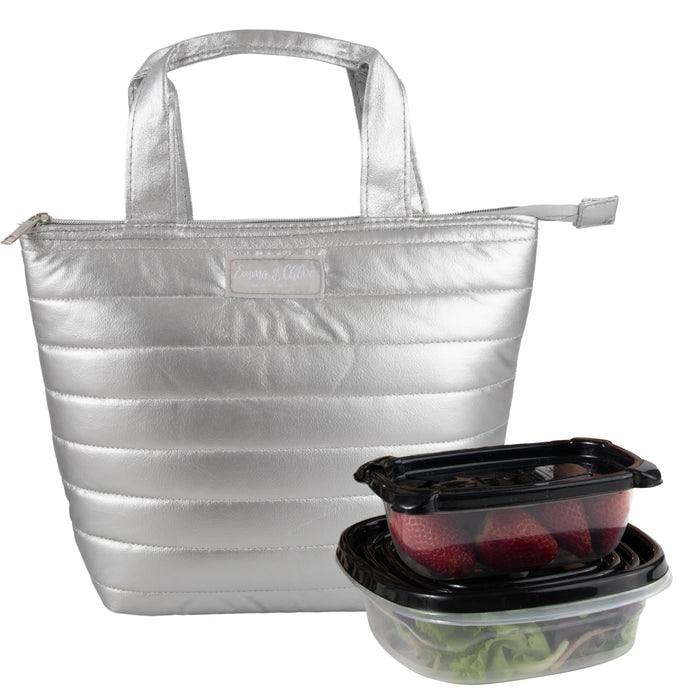 Quilted Metallic Lunch Tote With 2 Reusable Containers -Silver