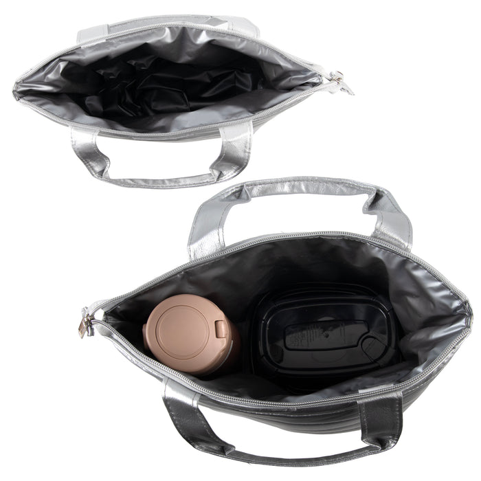 Quilted Metallic Lunch Tote With 2 Reusable Containers -Silver