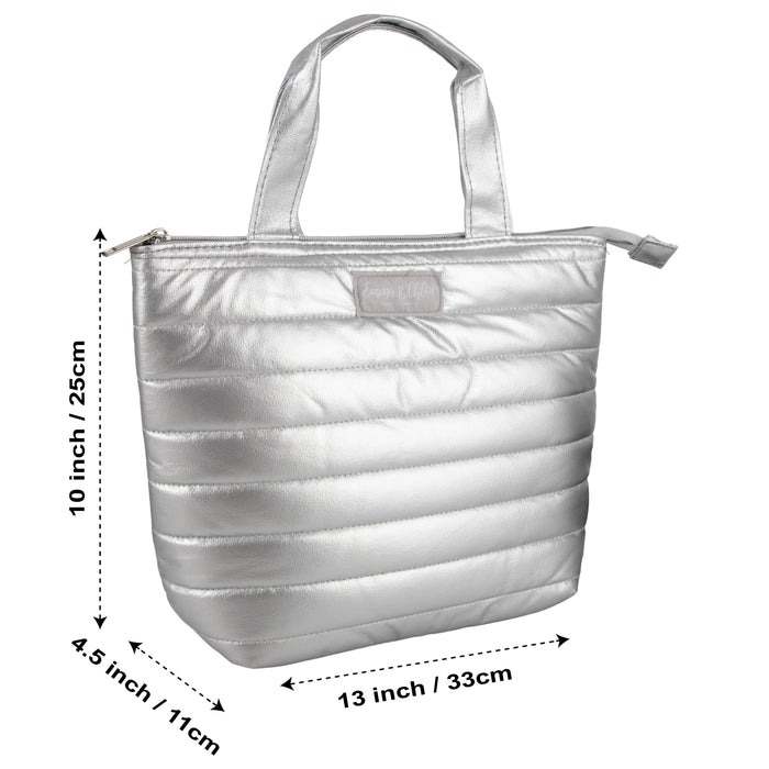Quilted Metallic Lunch Tote With 2 Reusable Containers -Silver