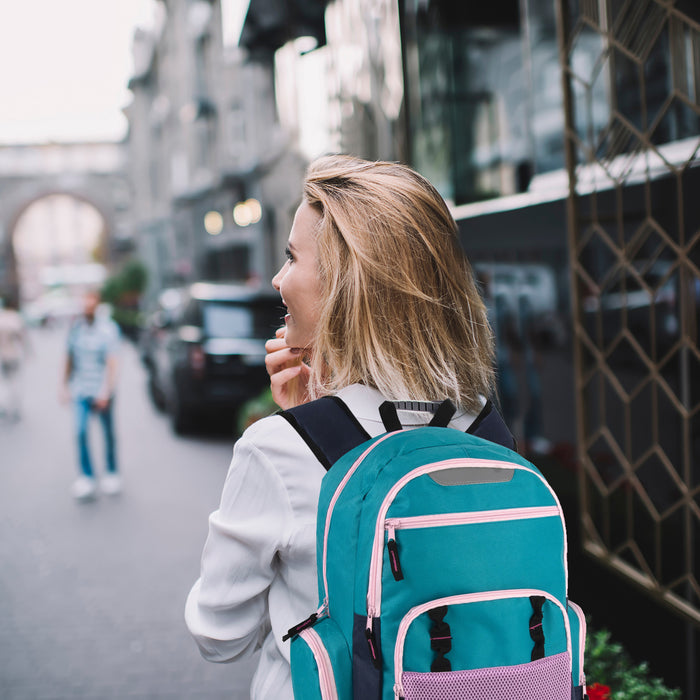 18 Inch Reflective Multi-Pocket Backpack with Laptop Section -  2 Colors - BagsInBulk.com