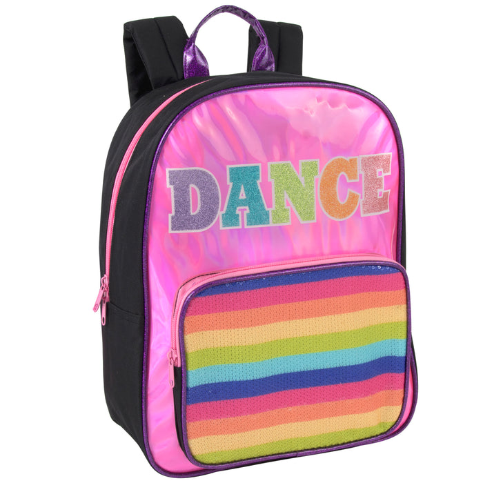 14-inch black and pink iridescent mini backpack with glitter "DANCE" graphic and rainbow sequin pocket.