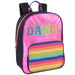 14-inch black and pink iridescent mini backpack with glitter "DANCE" graphic and rainbow sequin pocket.