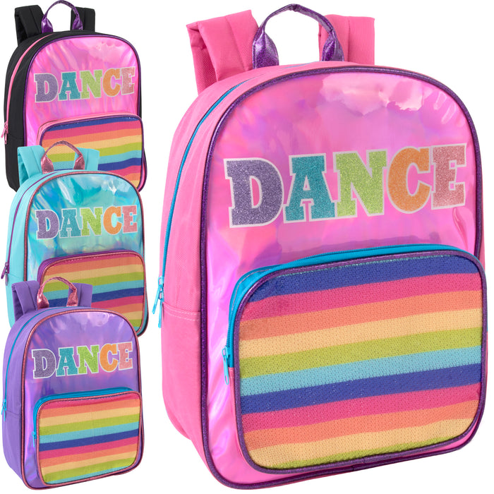 Four 14-inch dance mini backpacks: pink, black, blue, and purple, all with "DANCE" in glitter and rainbow pockets.