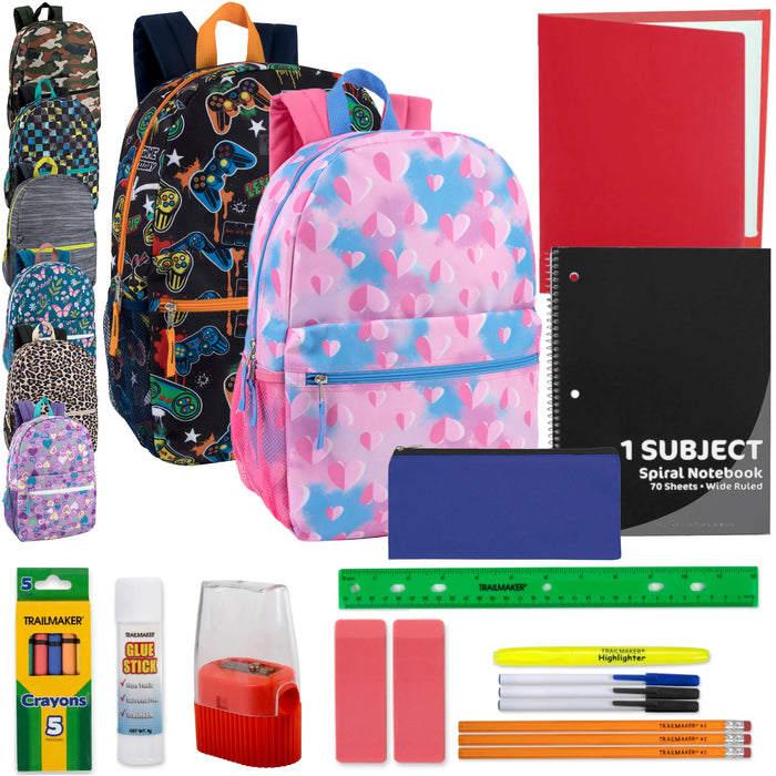 17-Inch Printed Backpack Side Mesh Pockets & 20-Piece School Supplies Kit - 8 Prints - BagsInBulk.com