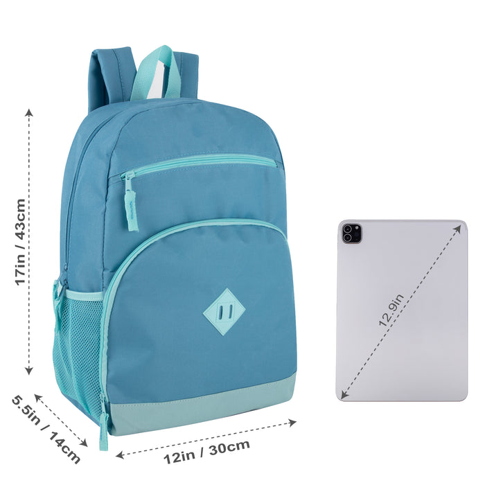 17-Inch Two Tone Dome Backpack With Side Mesh Pocket - 3 Color Assortment
