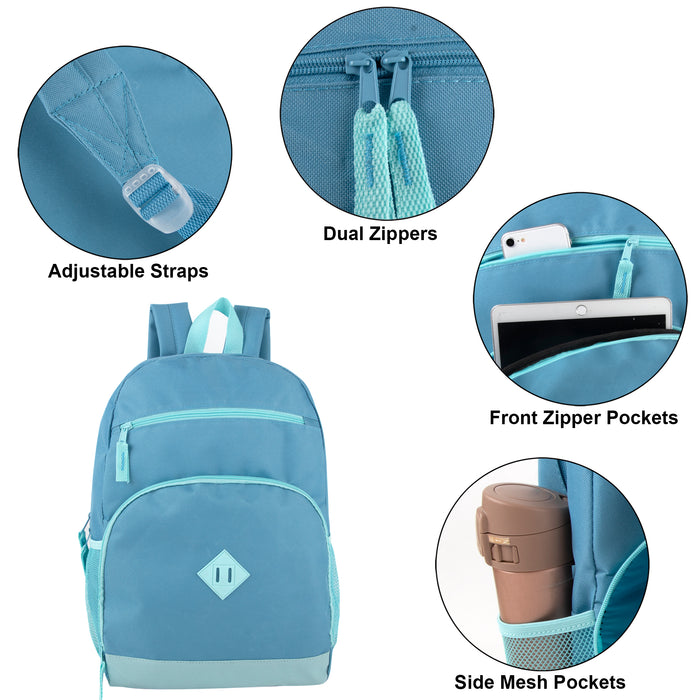 17-Inch Two Tone Dome Backpack With Side Mesh Pocket - 3 Color Assortment