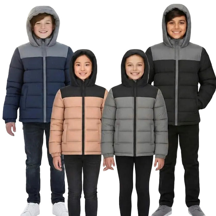 Youth Winter Hooded Two Tone Puffer Coat - 4 Colors