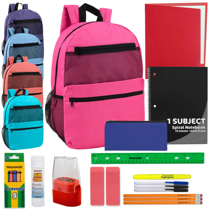 17-Inch Double Front Zippered Backpack with 20-Piece School Supplies Kit - 5 Girl Colors - BagsInBulk.com