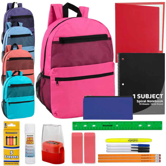 17-Inch Double Front Zippered Backpack with 20-Piece School Supplies Kit - 5 Girl Colors - BagsInBulk.com