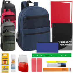 17-Inch Double Front Zippered Backpack with 20-Piece School Supplies Kit - 5 Colors - BagsInBulk.com