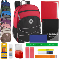 Multi-Pocket Bungee Backpack with 20-Piece School Supply Kit - 8 Colors - BagsInBulk.com