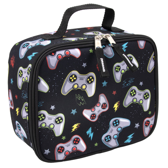 Black 600D polyester lunch bag with colorful video game controller print, dual zippers, and padded handle.