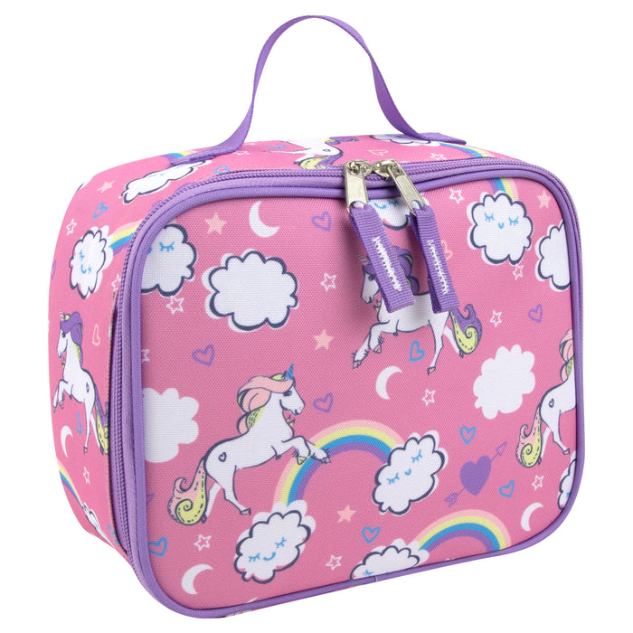 Pink 600D polyester lunch bag with unicorn, rainbow, cloud print, purple trim, and padded handle.