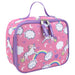 Pink 600D polyester lunch bag with unicorn, rainbow, cloud print, purple trim, and padded handle.