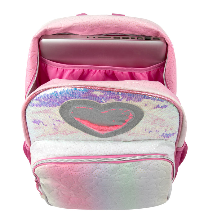 17-inch Pink Heart Quilted Girl's Backpack with Heart-Shaped Confetti