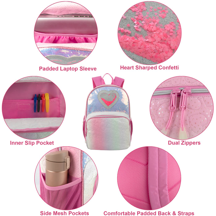 17-inch Pink Heart Quilted Girl's Backpack with Heart-Shaped Confetti