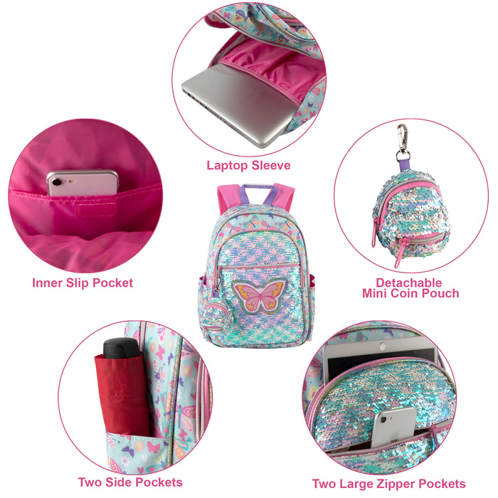 17 Inch Sequined Butterfly Children's Backpack with Matching Mini Coin Purse