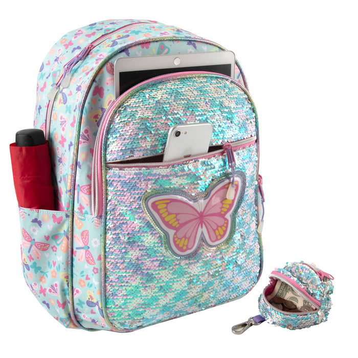 17 Inch Sequined Butterfly Children's Backpack with Matching Mini Coin Purse