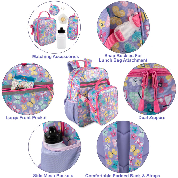 6 In 1 Buttefly Themed Printed Backpacks Including bottle, Lunch Bag, Pencil Case & Accessory Pouch