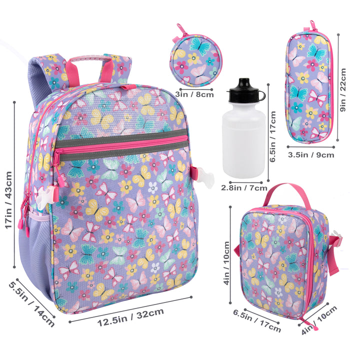 6 In 1 Buttefly Themed Printed Backpacks Including bottle, Lunch Bag, Pencil Case & Accessory Pouch