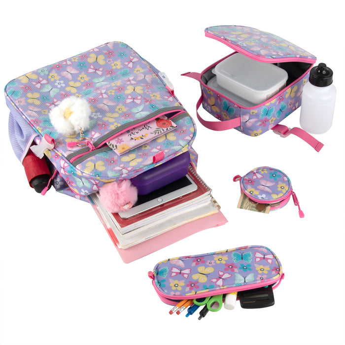 6 In 1 Buttefly Themed Printed Backpacks Including bottle, Lunch Bag, Pencil Case & Accessory Pouch