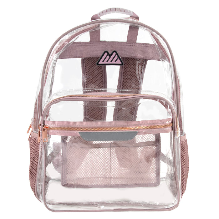 18-inch clear PVC backpack with pink trim, side mesh pockets, and a reflective safety patch.