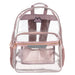 18-inch clear PVC backpack with pink trim, side mesh pockets, and a reflective safety patch.
