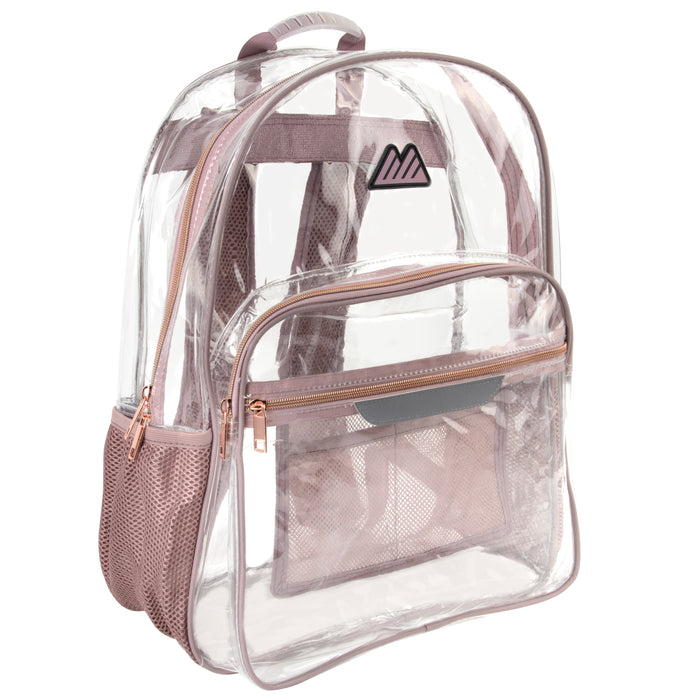 18-inch clear PVC backpack with pink trim, side mesh pockets, and a reflective safety patch.