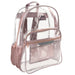 18-inch clear PVC backpack with pink trim, side mesh pockets, and a reflective safety patch.