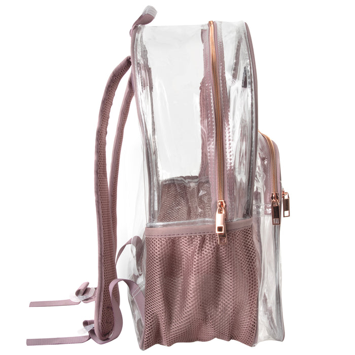 18-inch clear PVC backpack with pink trim, side mesh pockets, and rose gold zippers.