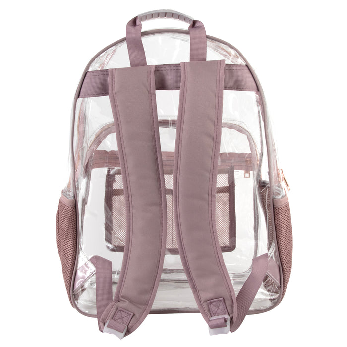 18-inch clear PVC backpack with pink trim, adjustable straps, side mesh pockets, and a reflective patch.