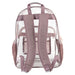 18-inch clear PVC backpack with pink trim, adjustable straps, side mesh pockets, and a reflective patch.